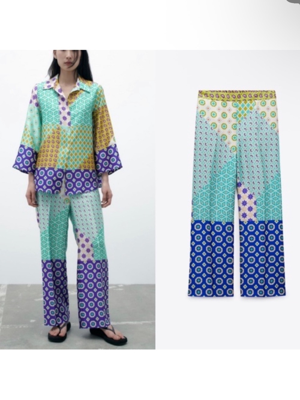 Zara Patchwork Wide-Leg Pants in Mint, Purple & Yellow